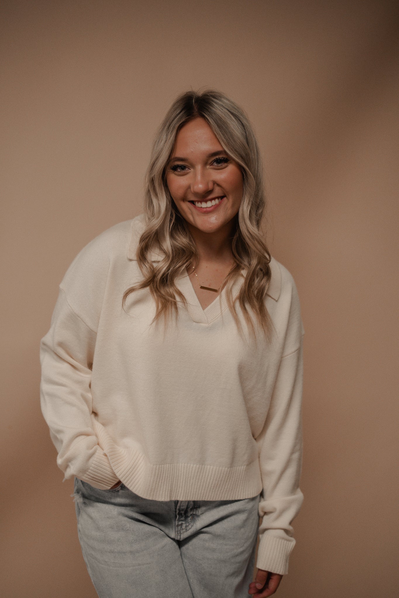 cream collared knit long sleeve