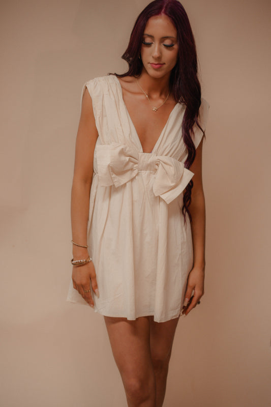 bow detail solid woven mini dress