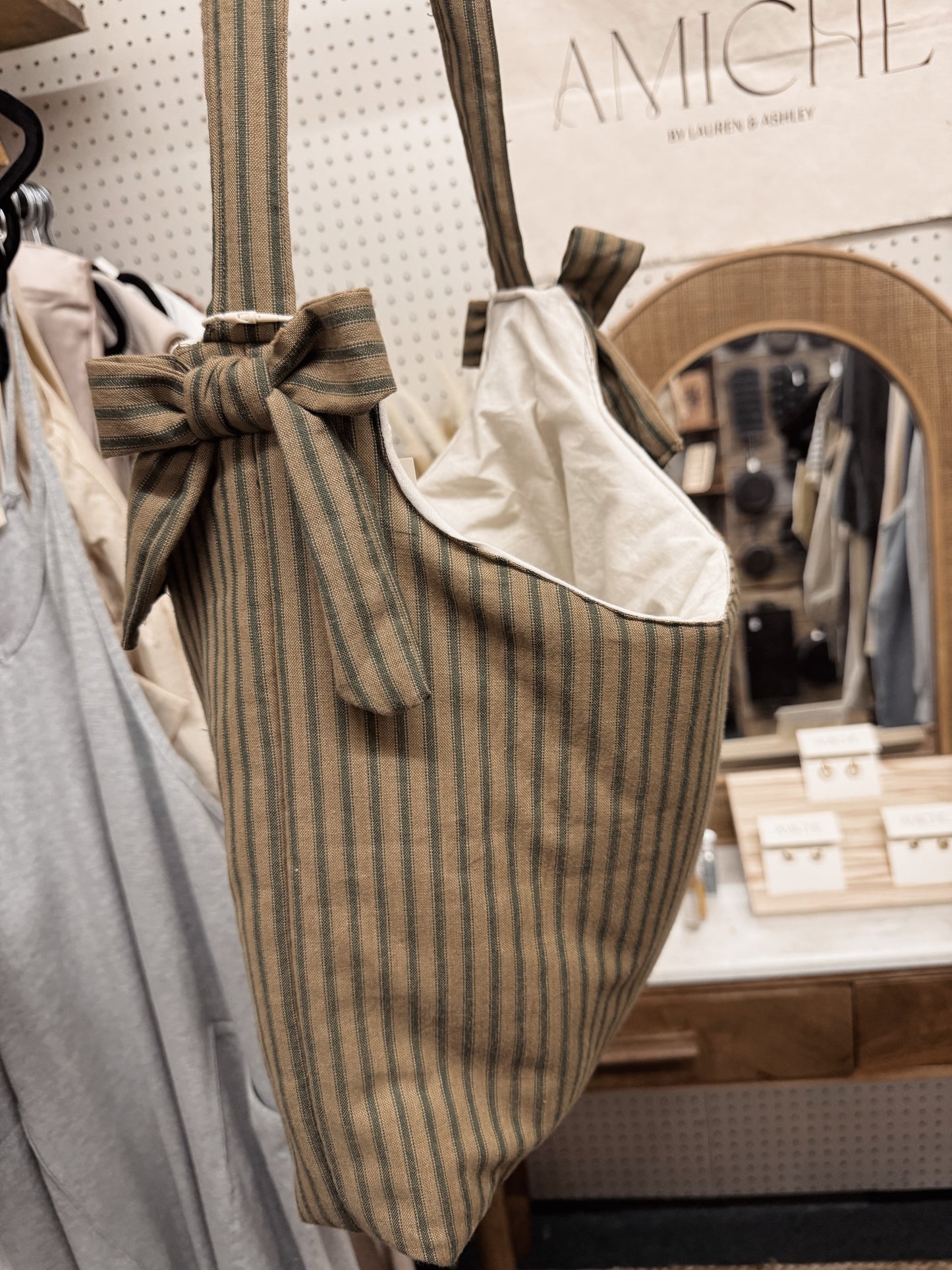 green striped bow tote bag