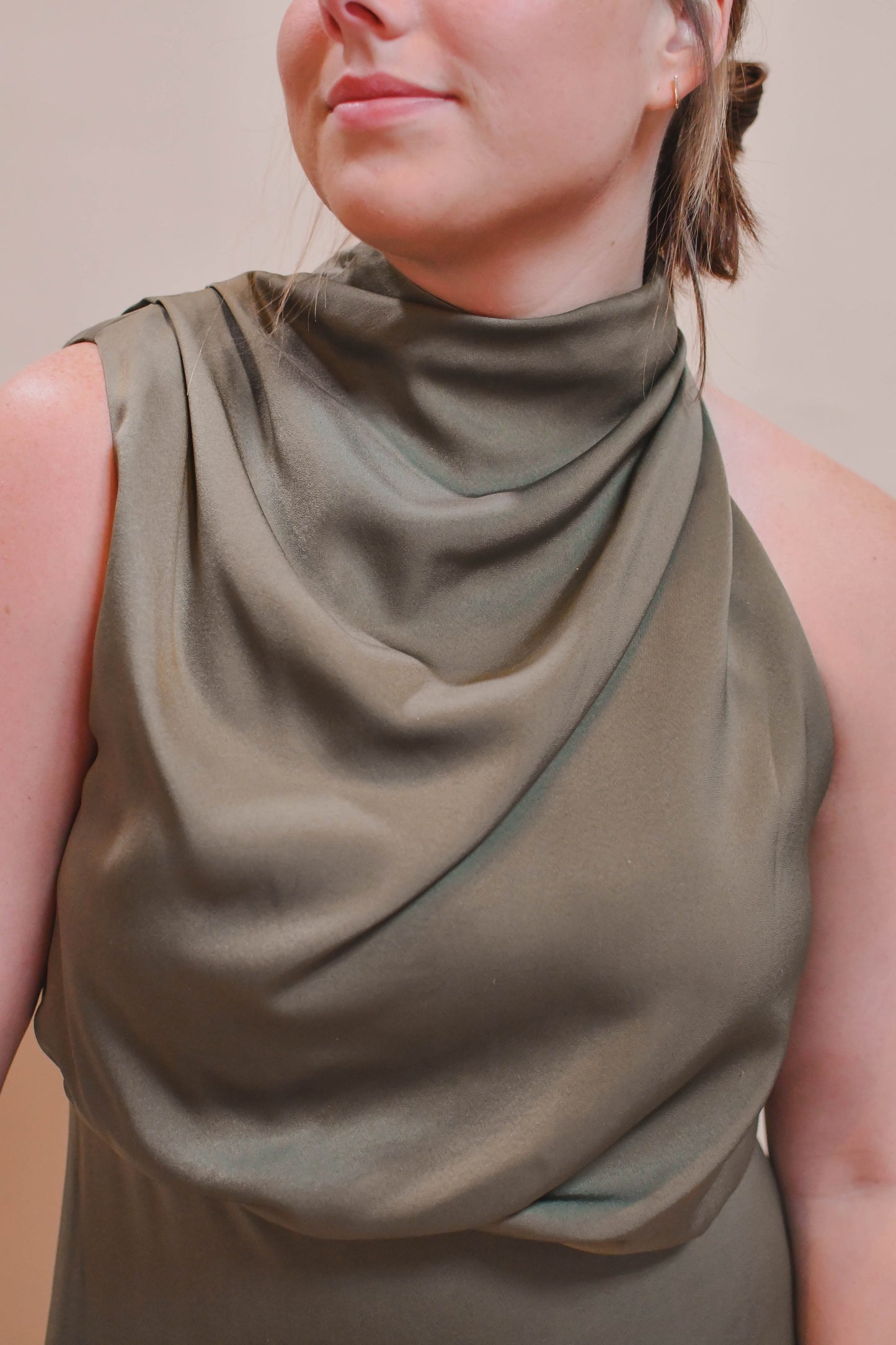 satin mock neck cocktail dress