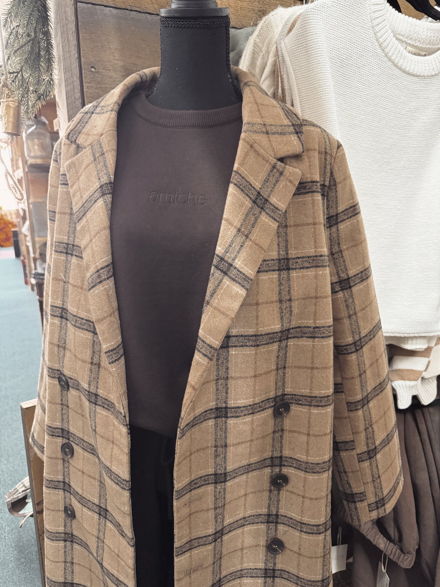 plaid calf length overcoat