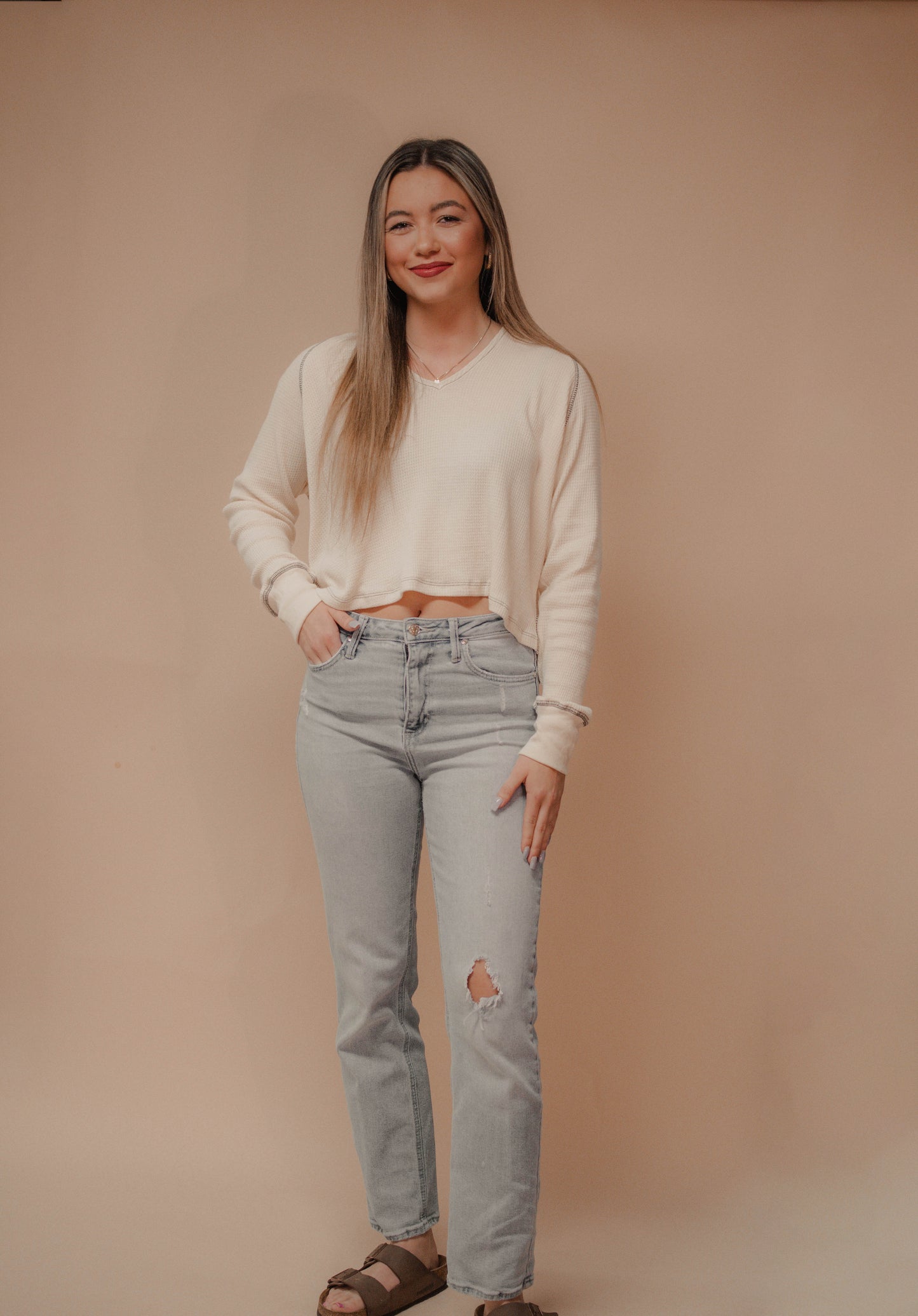 waffle v-neck longsleeve top