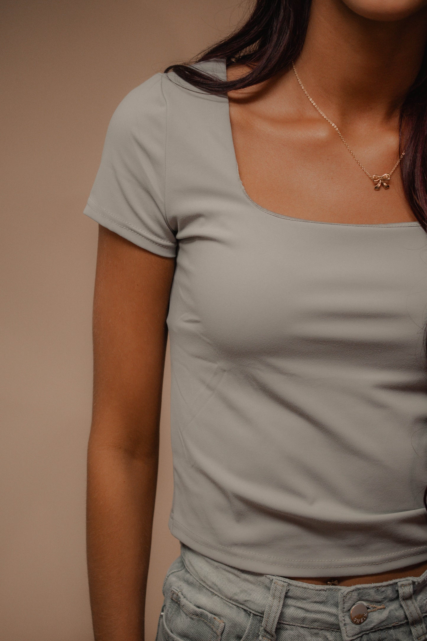 gray fitted square neck top