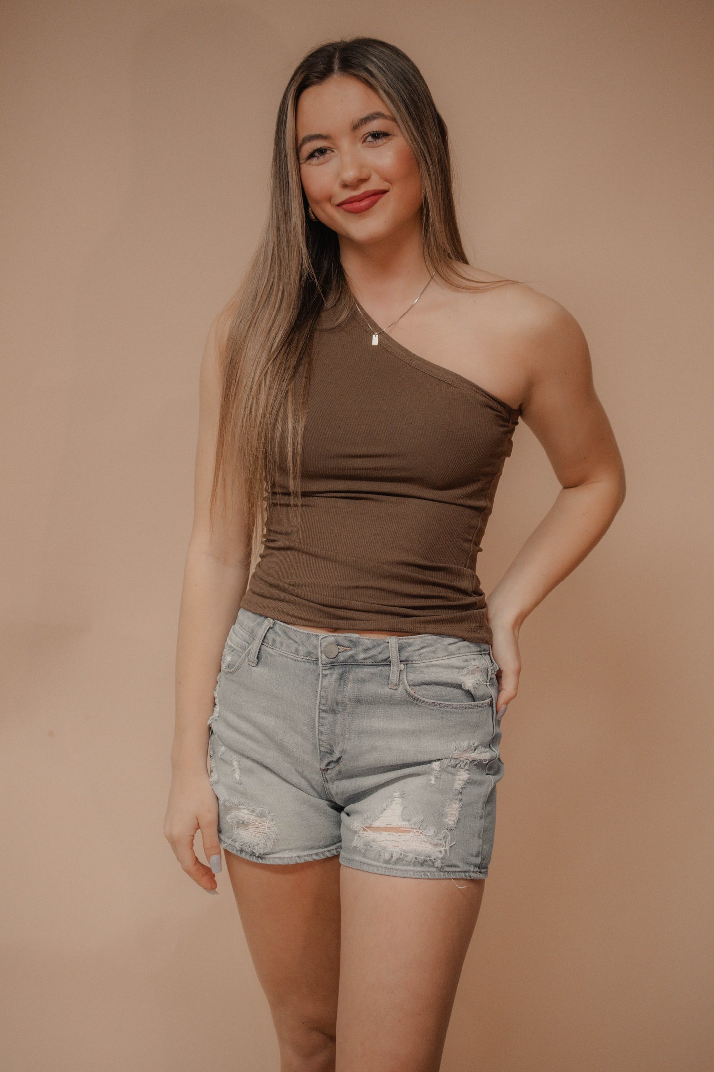 one shoulder brown ribbed tank