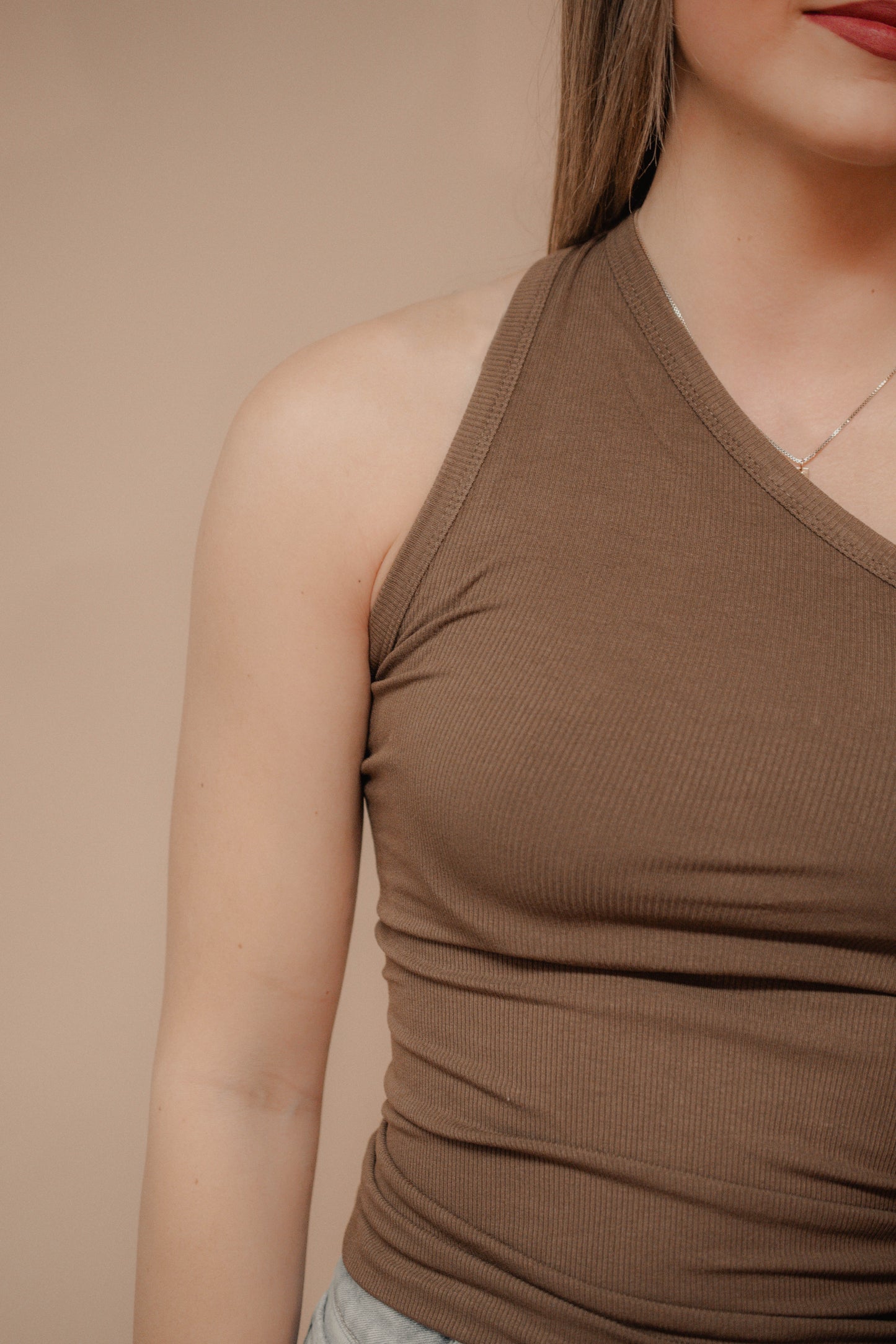 one shoulder brown ribbed tank