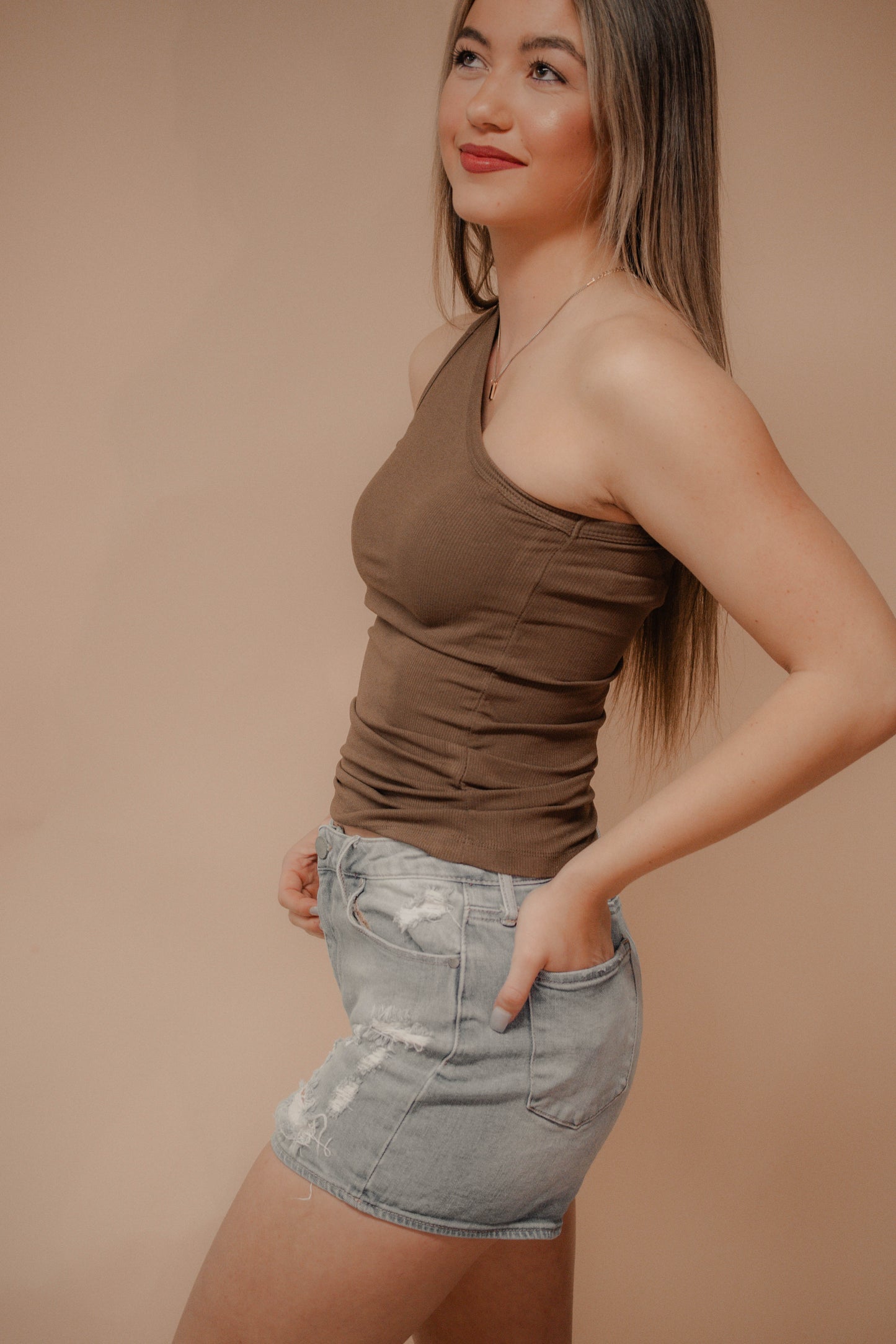 one shoulder brown ribbed tank