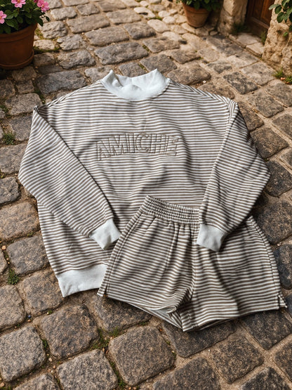 brown striped mock neck set