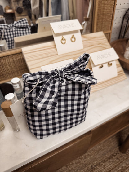 blue gingham tie makeup bag