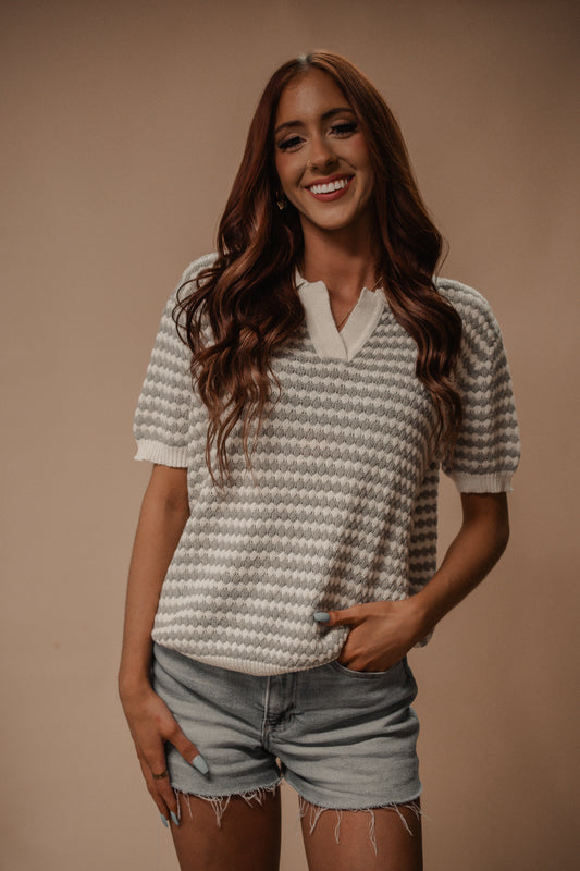 striped short sleeve knit top
