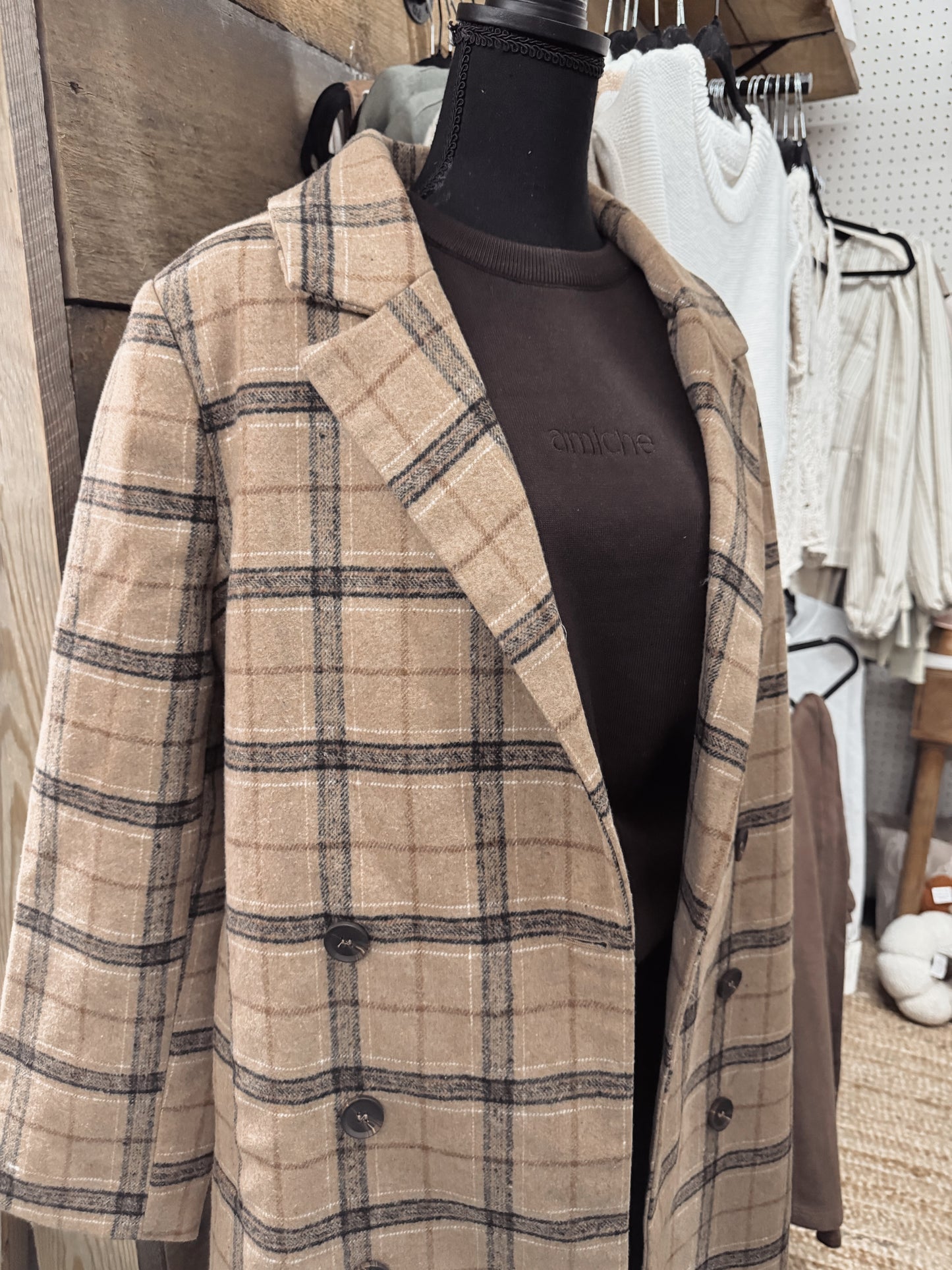 plaid calf length overcoat