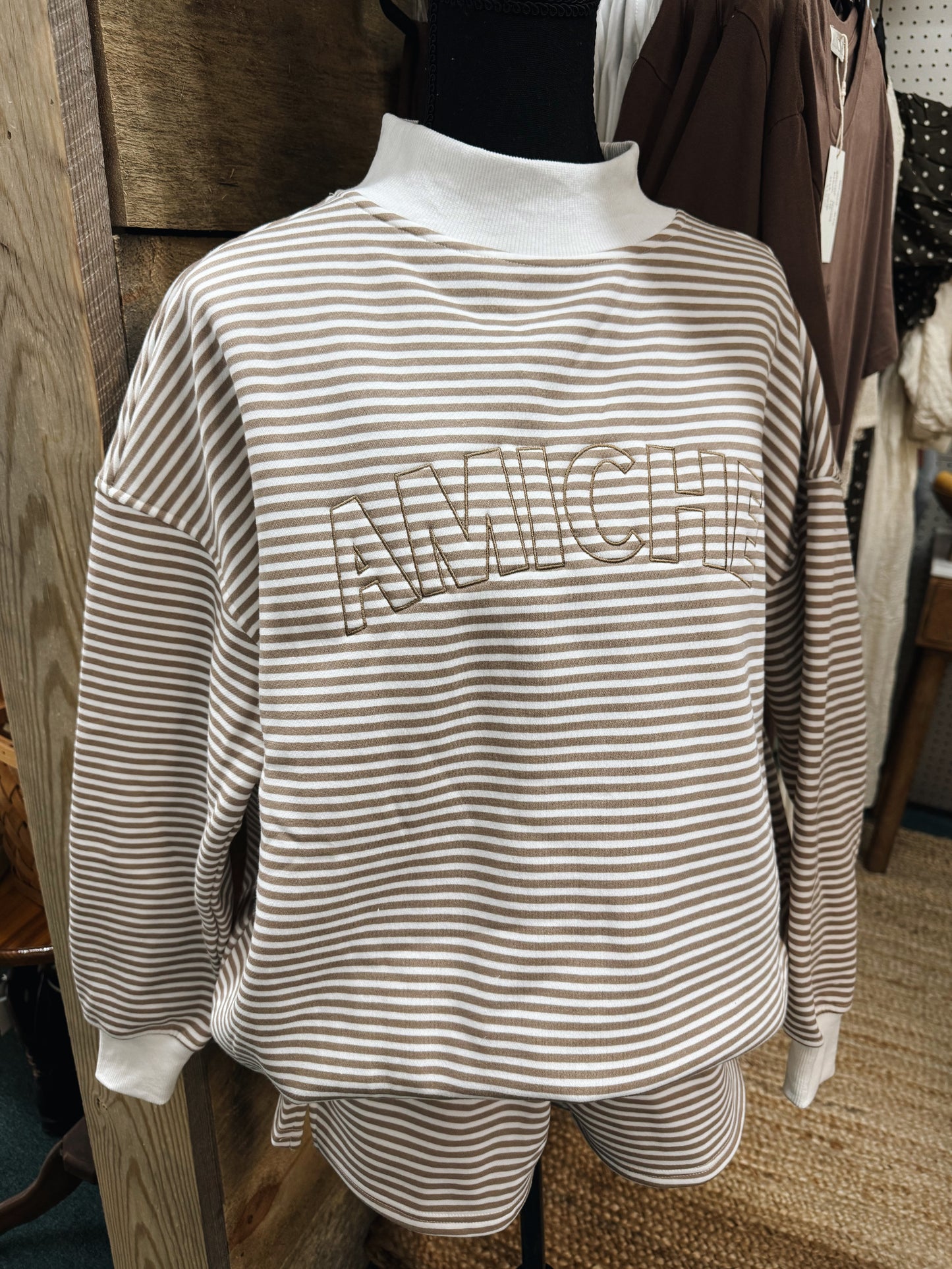 brown striped mock neck set