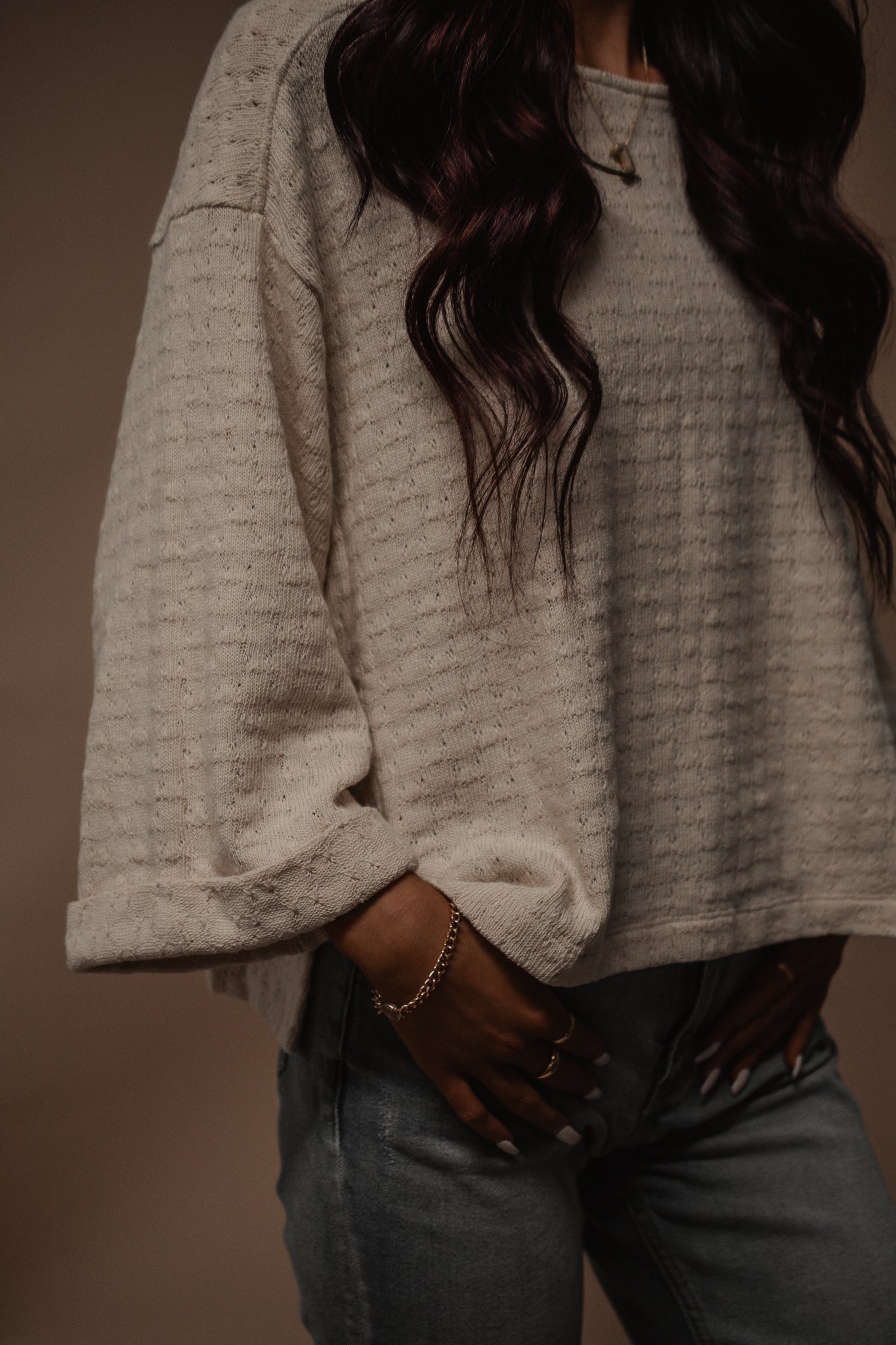 cream wide sleeve knit top