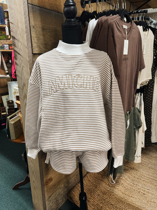 brown striped mock neck set