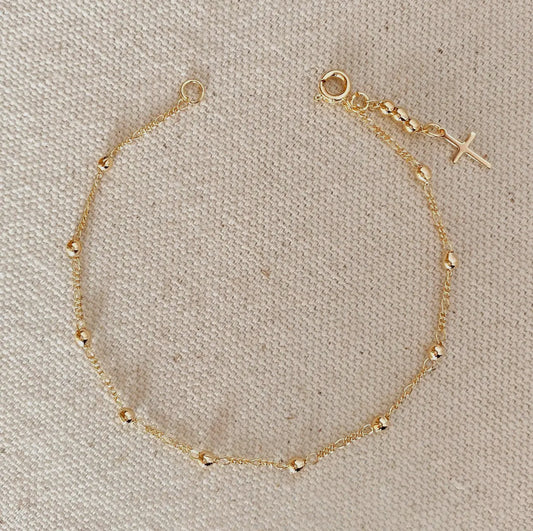 18k gold filled beaded bracelet with cross charm