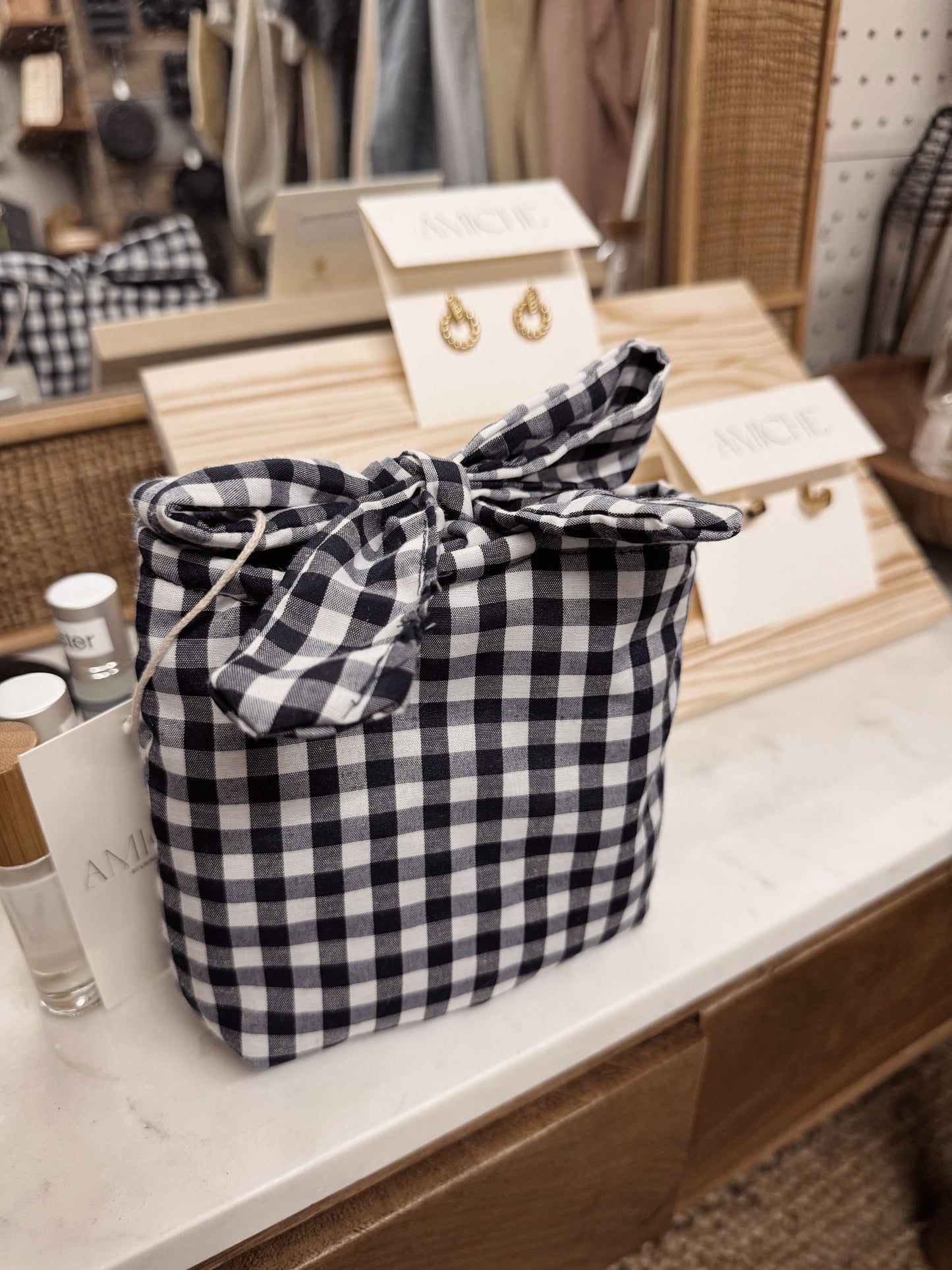 blue gingham tie makeup bag