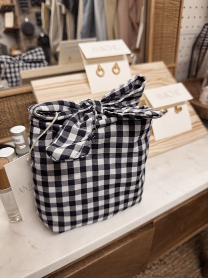 blue gingham tie makeup bag