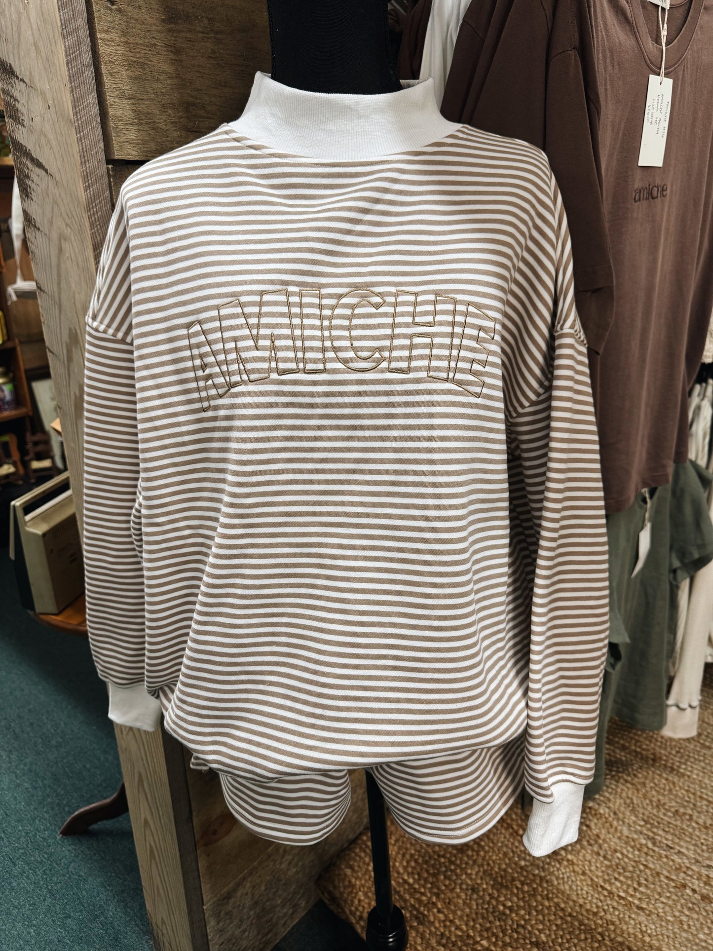 brown striped mock neck set