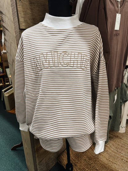 brown striped mock neck set
