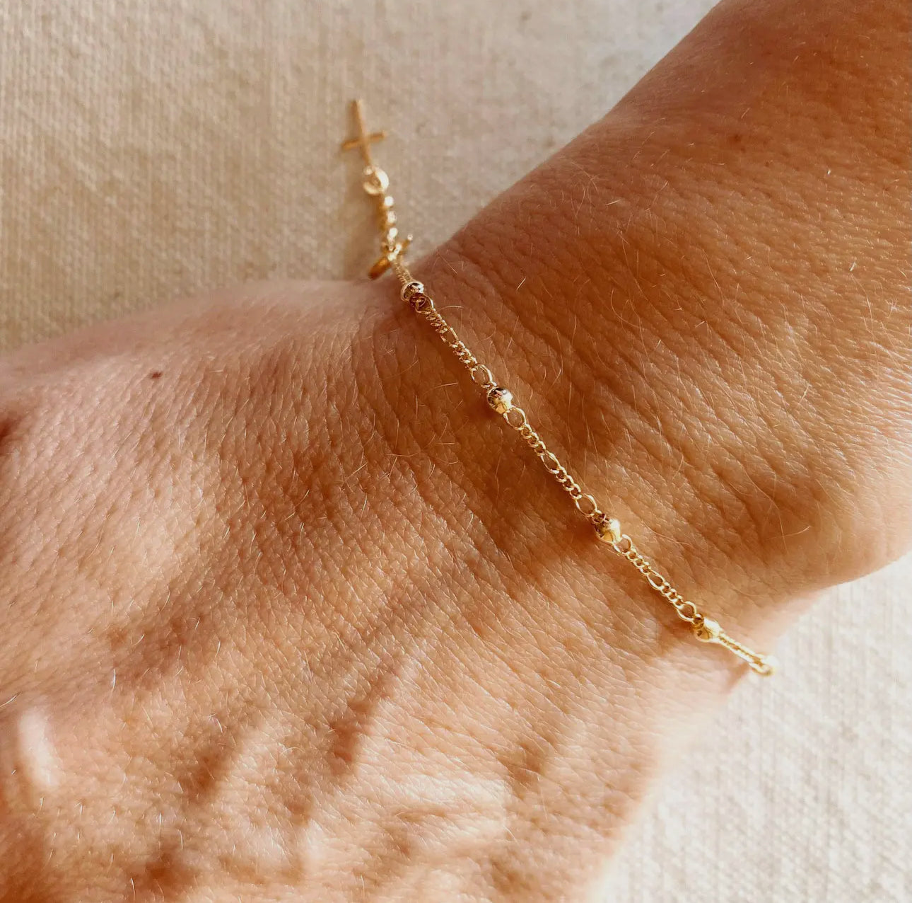 18k gold filled beaded bracelet with cross charm