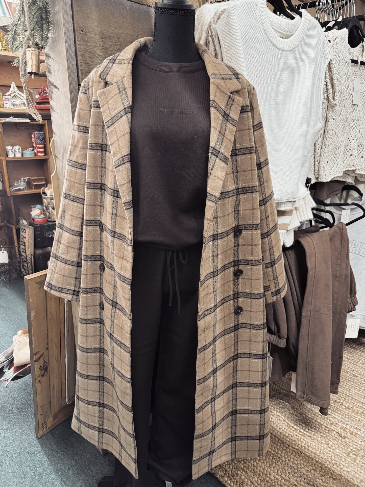 plaid calf length overcoat