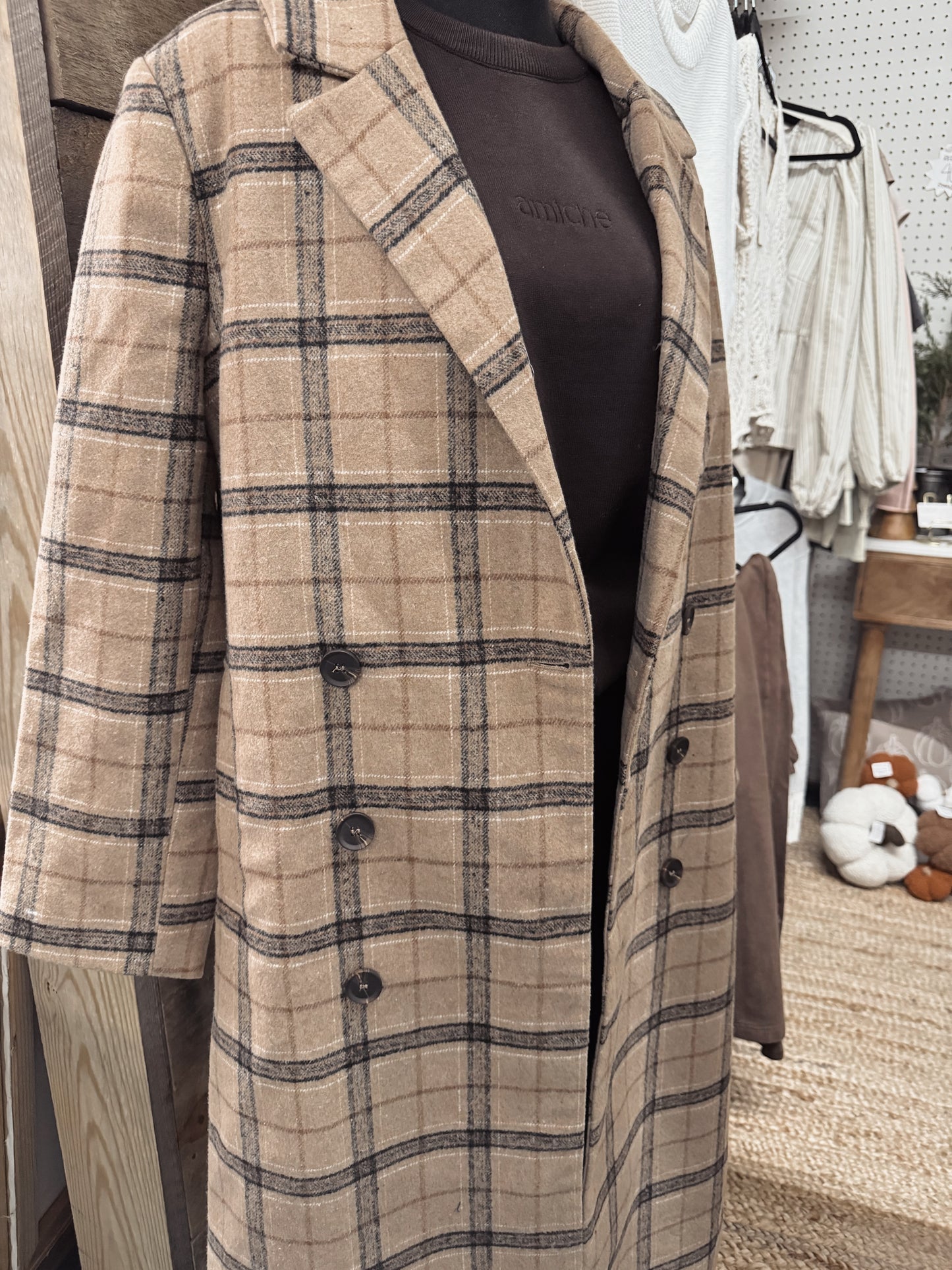 plaid calf length overcoat