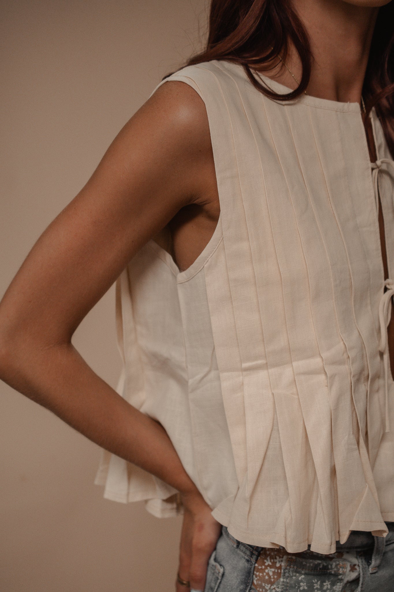 pleated tie sleeveless tank