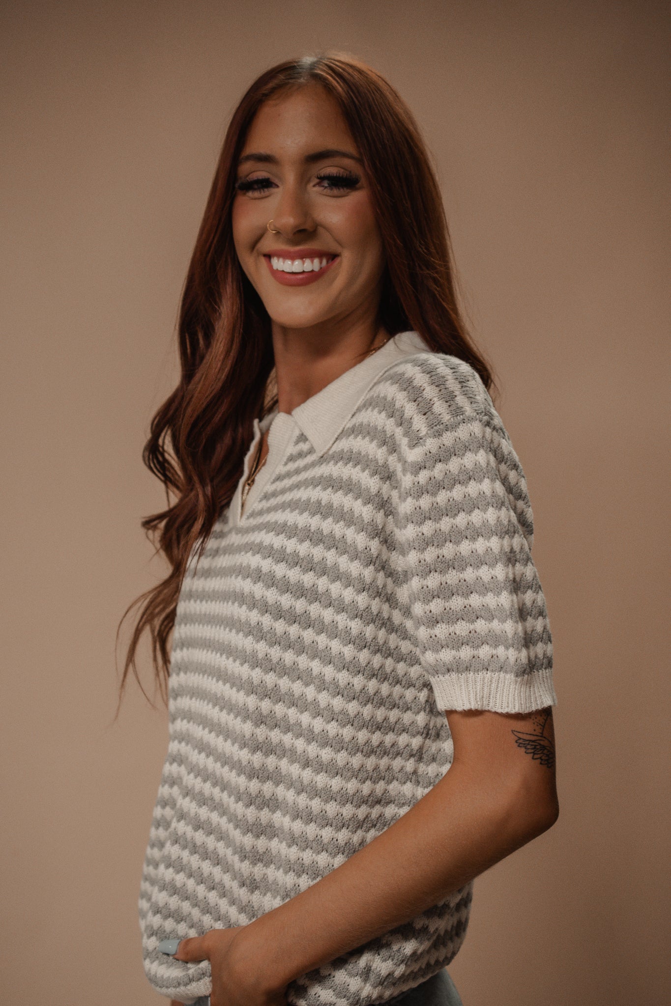 striped short sleeve knit top