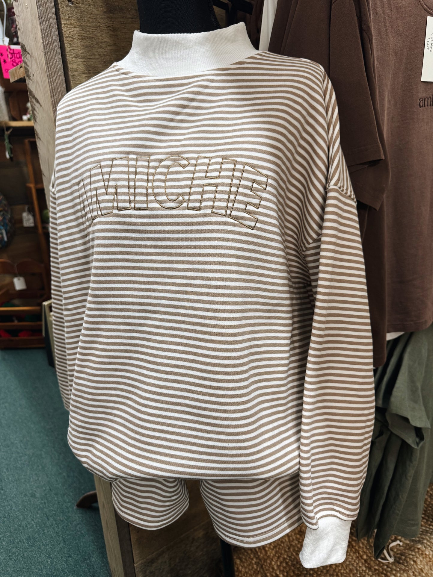 brown striped mock neck set