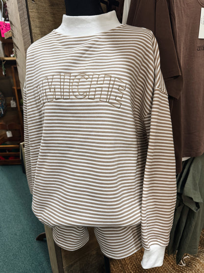 brown striped mock neck set