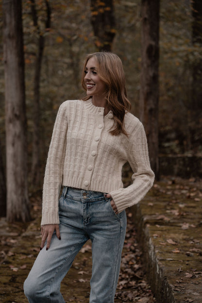 cream cable knit button up cardigan