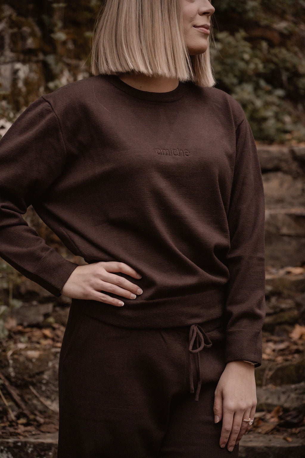 yarn knit mocha sweater & pant set